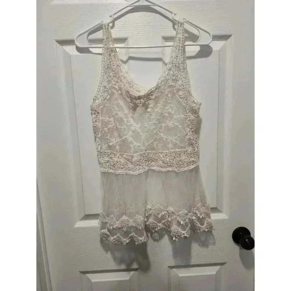 Dreamers Womens Size Medium Lace Ivory Sheer Sleeveless Scoop Neck Tank Top